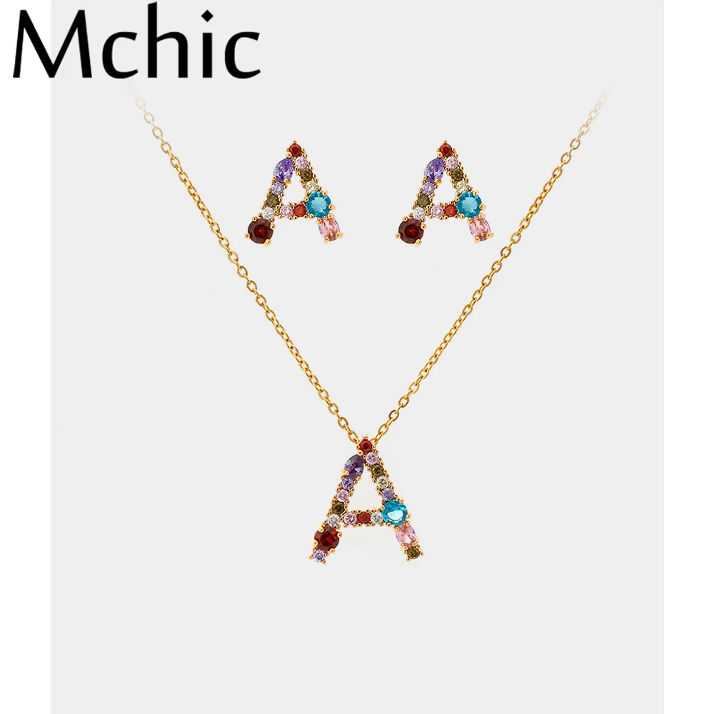 

Mchic Trendy Multi-Color Set Letter A Earrings Pendant Necklace Copper Gold Jewelry for Women Charm Rhinestone Wedding Party