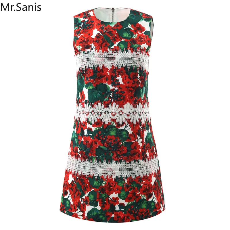 

Sanis Summer Mini Dress Floral O-Neck Sleeveless Women Vest Dress Lace Patchwork Diamonds Princess Sundress