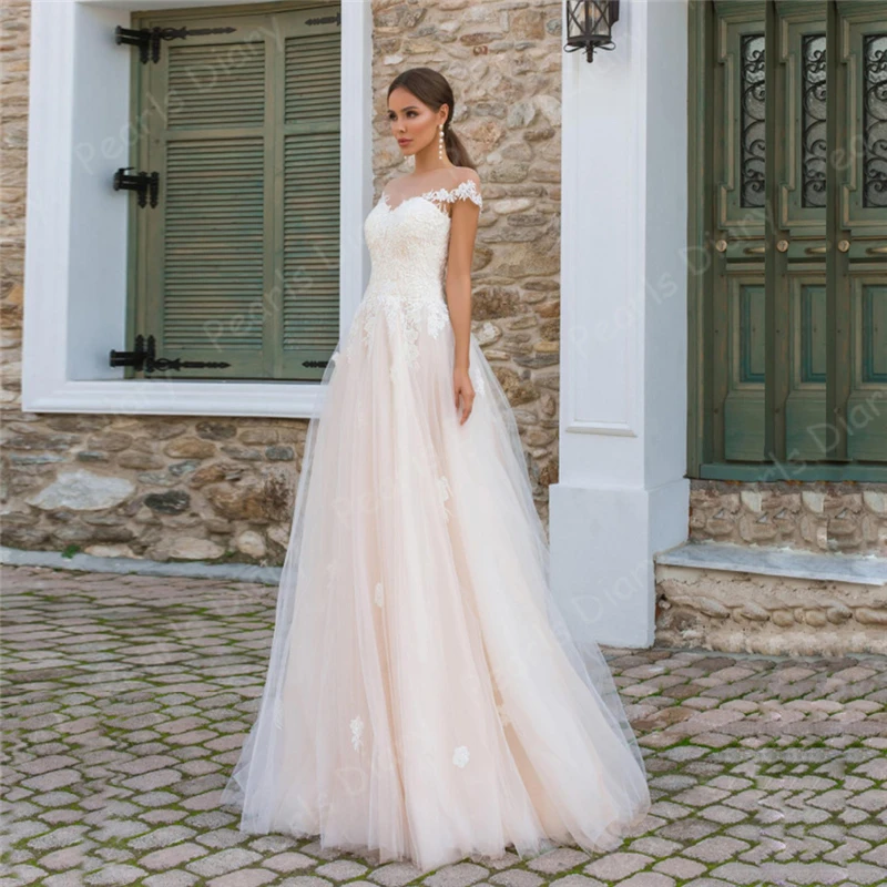 New-Pink-Princess-Wedding-Dress-Sheer-O-Neck-Cap-Sleeve-Applique-Bridal-Dresses-Robe-Mariee-Tulle