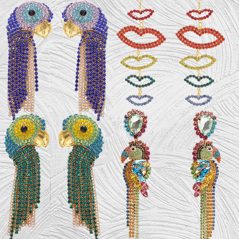 

Fashion Tassel Birds Long Drop Earrings for Women New 2019 Crystal Colorful Rhinestone Statement Wedding Gifts Party Friendship