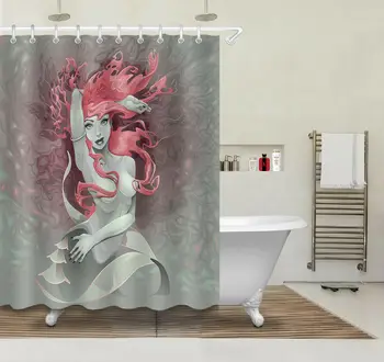 

Girl Bathroom Polyester Fabric Shower Curtain Set Red-haired Little Mermaid