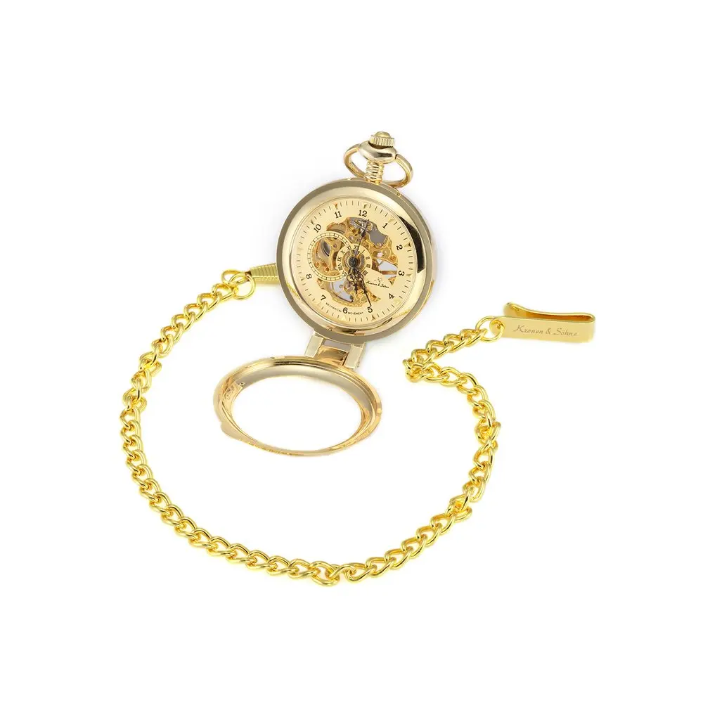 

Luxury Skeleton Golden Hand Winding Clock Long Chain Fob Pendant Stand Transparent Case Men Mechanical Pocket Watches / P062