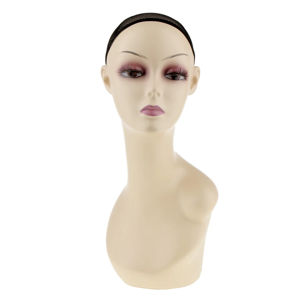 18`` Tall Female Fleshtone Head with Net Cap, Realistic Make-Up & False Eyelashes, Wigs Sunglsses Hat Display Stand