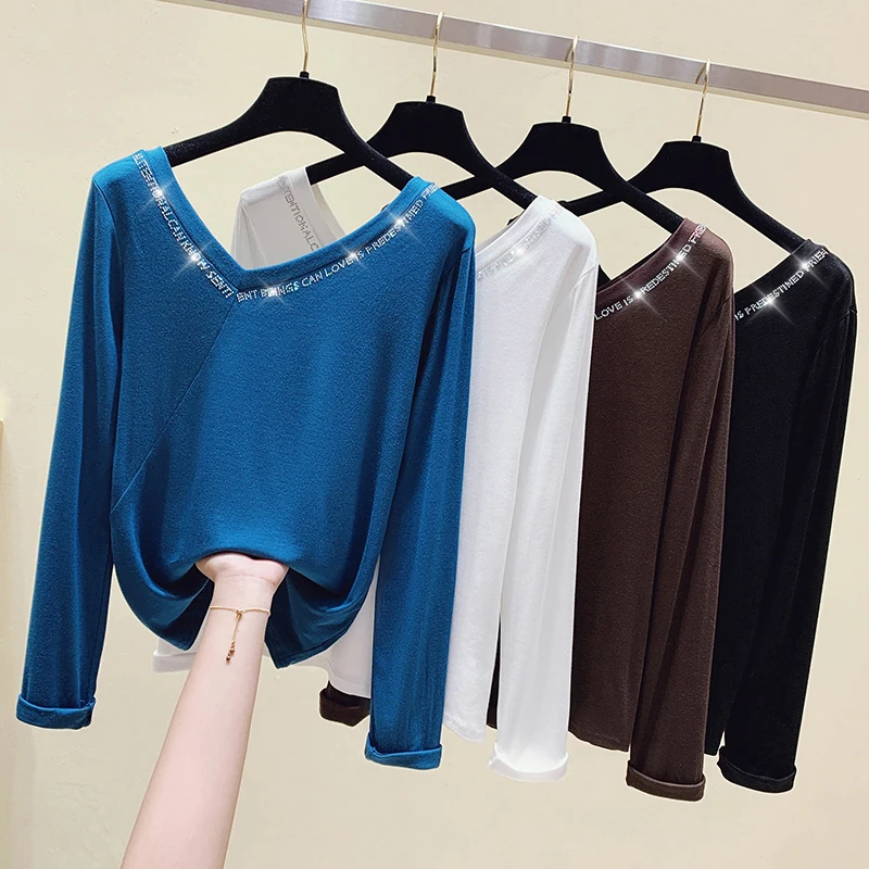 

AOSSVIAO V-Neck T-Shirt Women 2020 Fashion Autumn Modal Cotton T shirt Long Sleeve Tops Plus Size Casual Soft Tee Shirt Femme