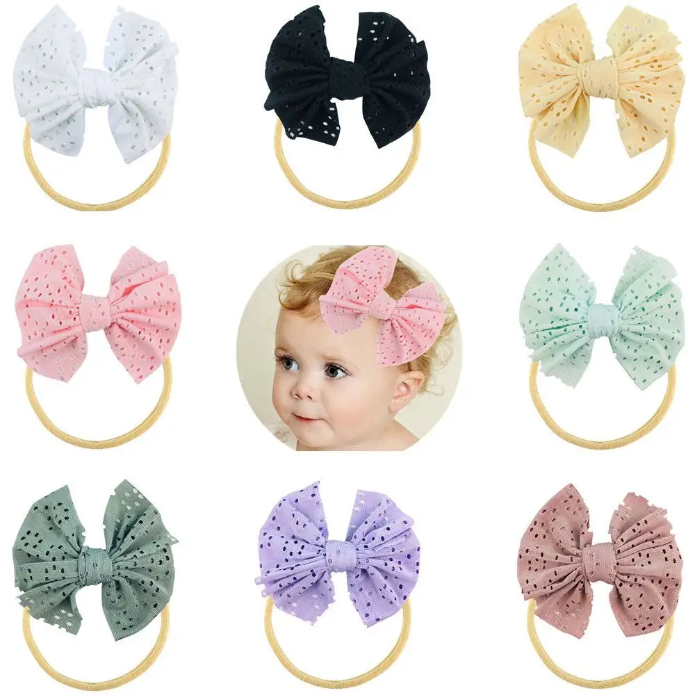 24 pcs linen bow nylon headbands 3 2 inch hair bow clips barrettes toddler baby girls soft hairband kids hair accessories 24pc/lot New 5inch Lace Bow Nylon Headband,Hollow Out knotbow Nylon Baby Turban Headband Kid Girls Barrettes Hair Accessories