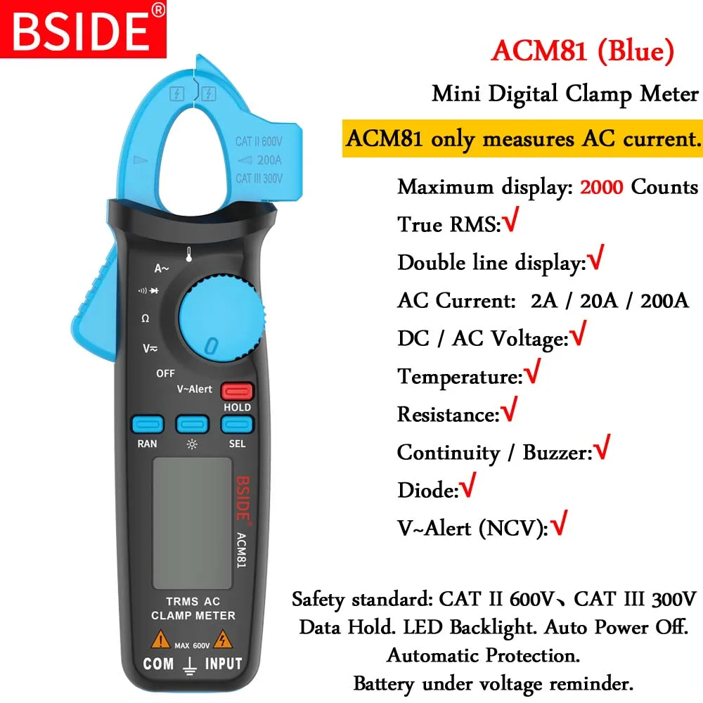 Мини Цифровые токовые клещи BSIDE ACM серии True RMS постоянного тока переменного тока Напряжение Ом темп Емкость Гц NCV тестер Амперметр мультиметр - Цвет: ACM81-blue