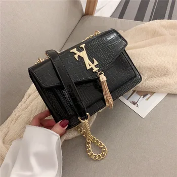 

New Women's Bags Tide Crocodile Chain Small Package Advanced Tassel Shoulder Crossbody Wild Flap Letter Chains Purses Handbags