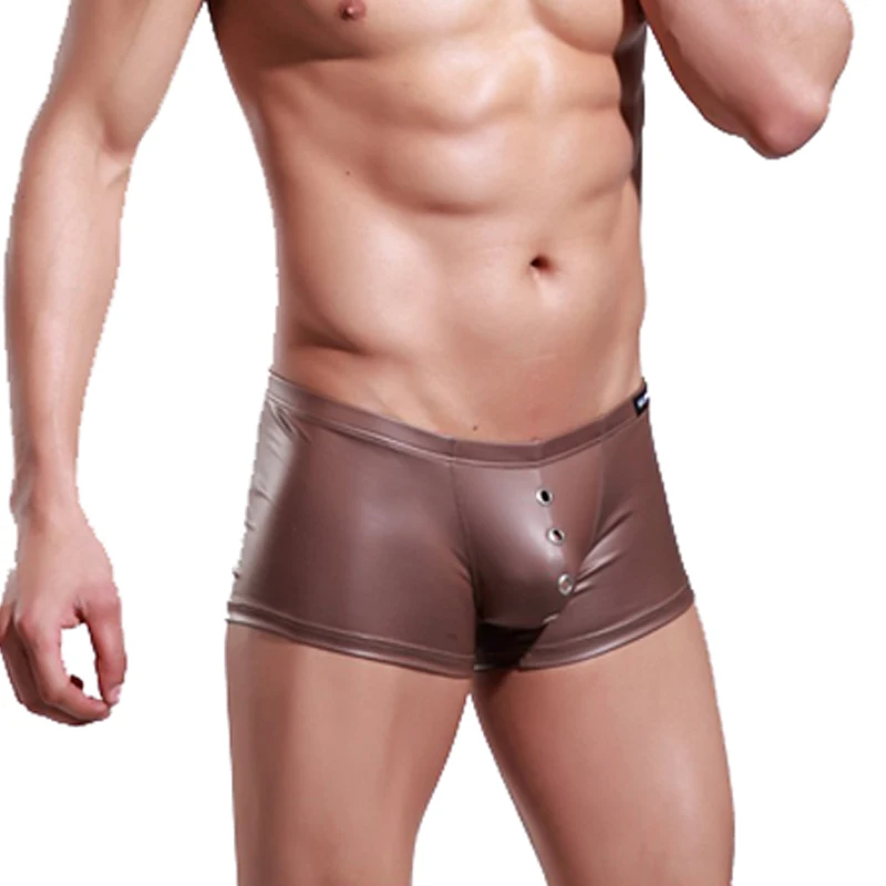 Men's underwear PU leather flat angle sexy sexy U convex pouch hole sexy underwear alternative show tight buttocks yellow g string