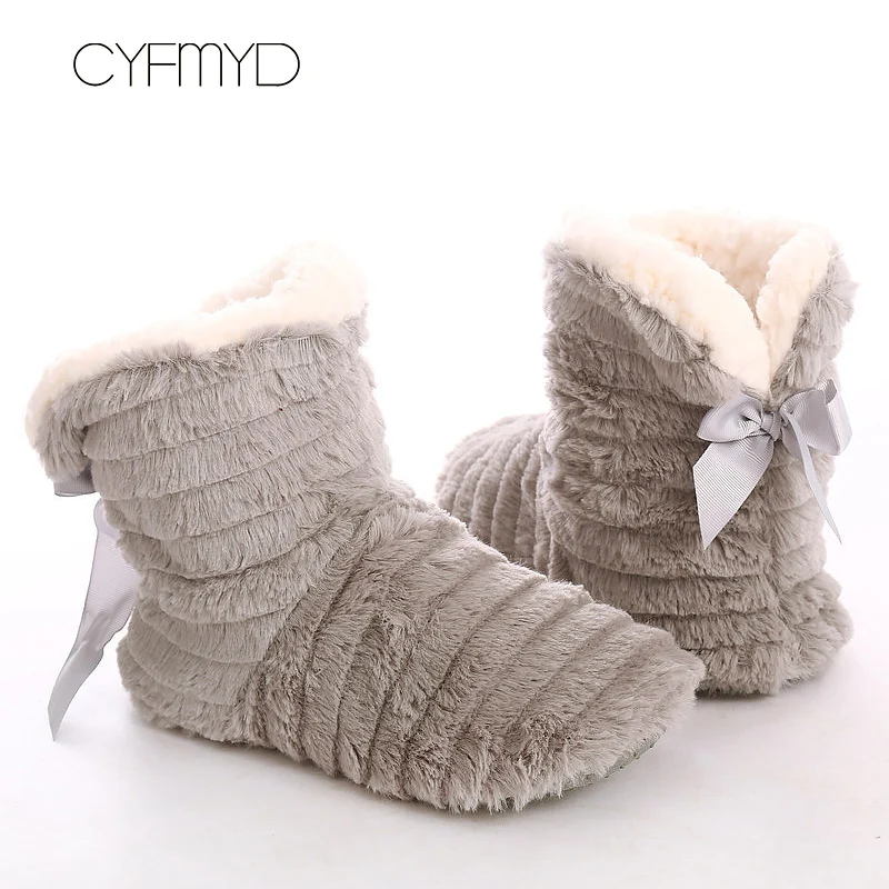 US $6.93 Womens Slippers Home 2021 Plush Warm Floor Shoes Cute ButterflyKnot Plush Slippers Indoor NonSlip Family Shoes