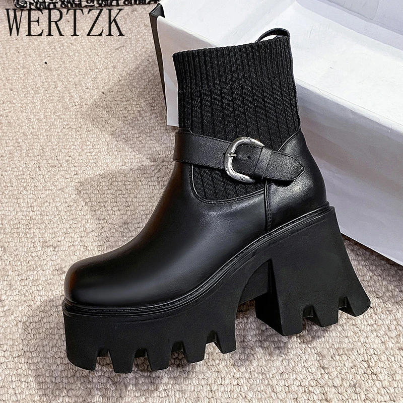 2022 Hot Sale PU Leather Shoes Women Stretch Boots Round Toe Solid Colors Buckle Super High Heels Ankle Boots Lady