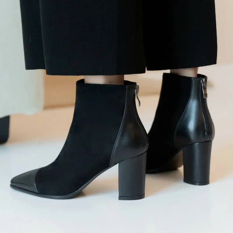 

2019 New Autumn Boots Fashion Square Toe Women Boots Flock Leather Square High Heel Ankle Boots Zipper Winter Shoes Woman Black