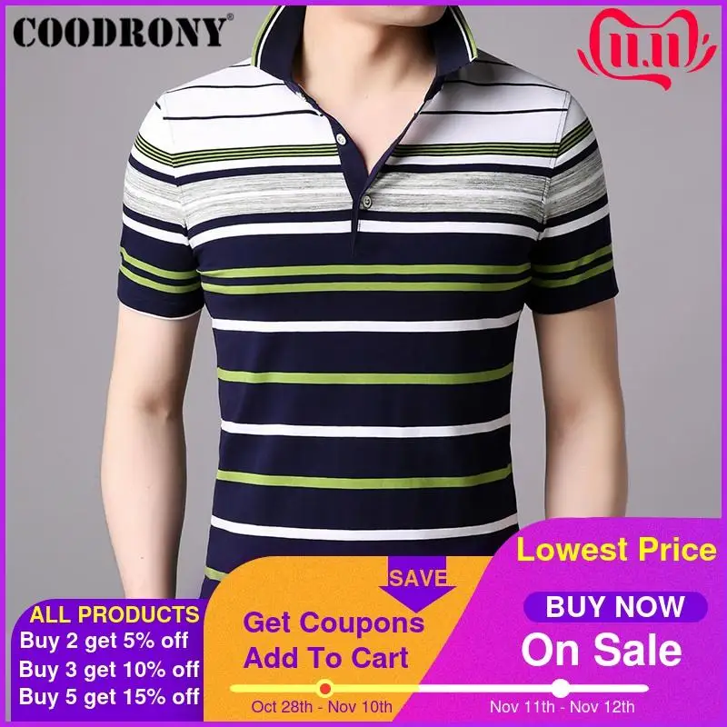 

COODRONY Short Sleeve T Shirt Men Business Casual Turn-down Collar Men's Shirt 2019 Spring Summer T-shirt Men Striped Top S95023