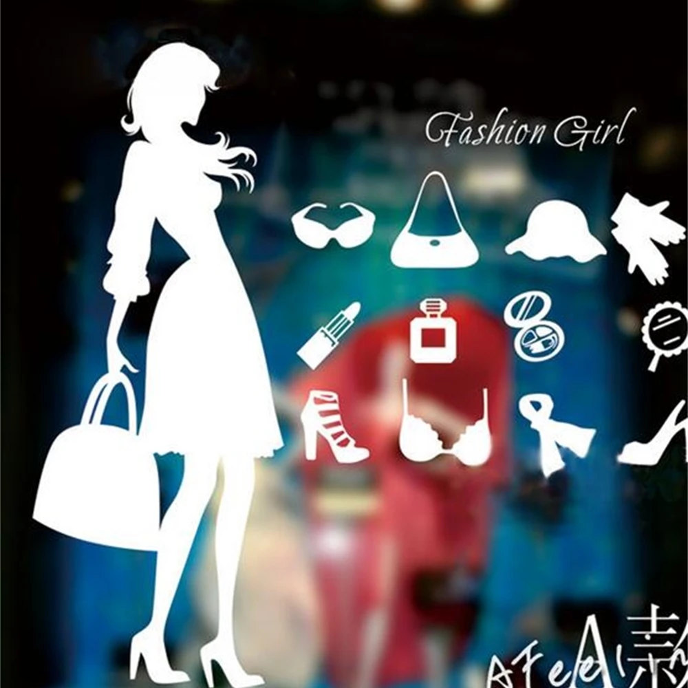 

Women Dress Shopping Girl Stickers Garment Bags Shoes Hat Icons Signs Decorative Window Poster Wall Stickers