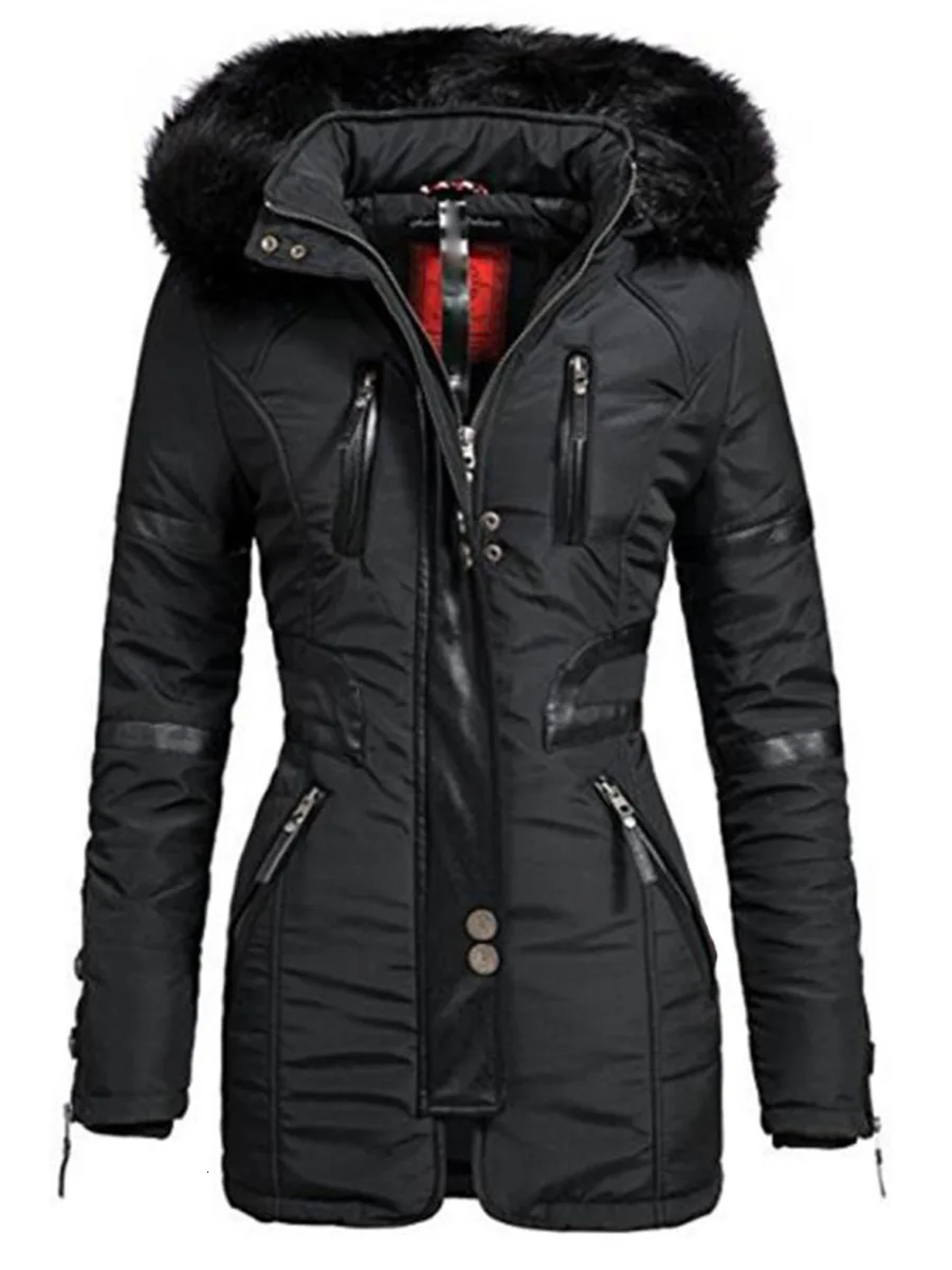 JIEZuoFang, модное женское пальто с меховым капюшоном, парка, длинная теплая куртка, пальто на молнии, ветровка, зимнее женское пальто, повседневное, размера плюс - Цвет: black