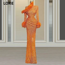 LORIE 2021 Orange Sequined Evening Dresses With Long Sleeve Feathers Prom Party Gowns Floor Length Celebrity Dresses Plus Size