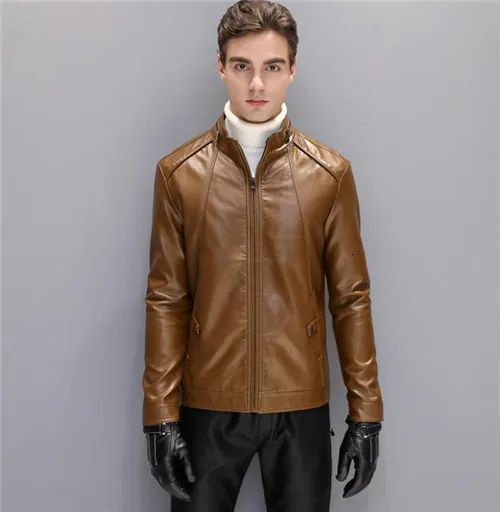 Мужские куртки и пальто из натуральной кожи, мотоциклетные байкерские зимние теплые модные куртки на молнии с воротником-стойкой, приталенная брендовая мужская классическая Куртка - Цвет: Brown