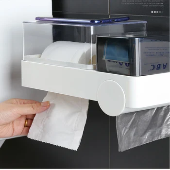 

Multi Tissue Storage Shelf Trash Bag Box For Home Bathroom Toilet Paper Holder Roll Tube Waterproof Wall Mounted Traceless