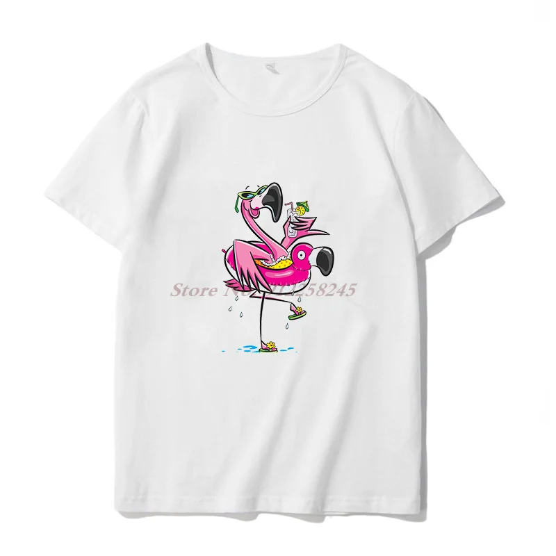 Men Funny T Shirt Fashion Flamingo On The Flamingo Float Tube Drinking Juice t shirt graphic t shirts Harajuku Men clothing