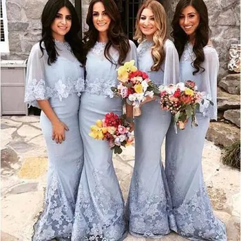 

With Jacket Appliqued Lace Mermaid Bridesmaid Dresses Simple Sleeveless V-neck Floor Length Wedding Party Gown For Women