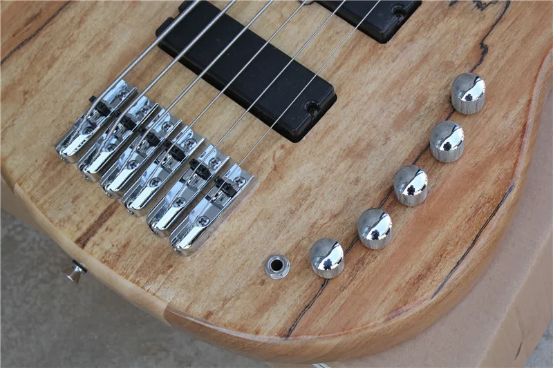 На заказ 6 струн электрическая бас гитара, корпус из древесины ясеня с spalted кленовый шпон, string расстояние 19 мм, комплектующие черного цвета