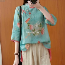 Chinese Blouse Top Tang-Suit Hanfu-Top Traditional Oriental Woman Retro Flower-Print