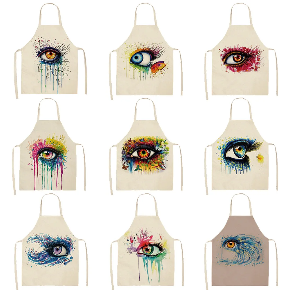 Colorful Eye Lashes Printed Kitchen Apron Kids Men Women Chef Cooking Aprons Cotton Linen Waist PVC Apron Cleaning