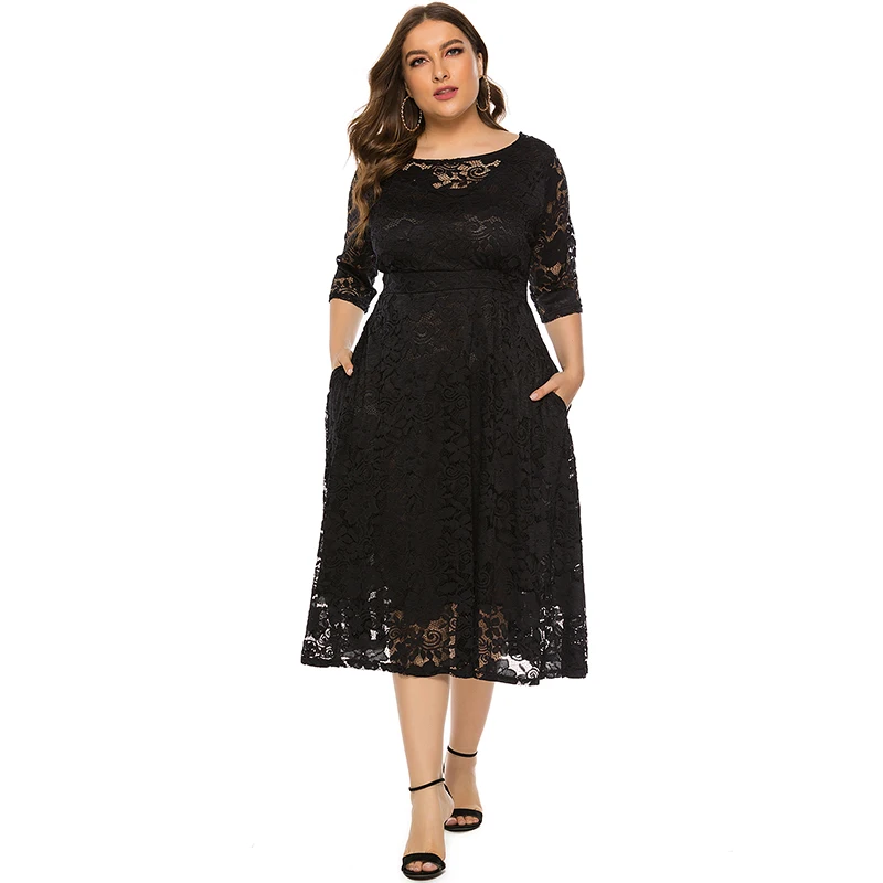Черный EaseHut, 5XL, 6XL, большой размер, платье для женщин, элегантное, цельное, с круглым вырезом, с коротким рукавом, тонкое, с вырезом, черное, белое, вязаное, кружевное платье - Цвет: Черный