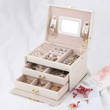 

PU Leather Multi-layer Jewelry Box Drawer Girls Earrings Necklace With Mirror Lock Storage Organizer Case Accessories Supplies
