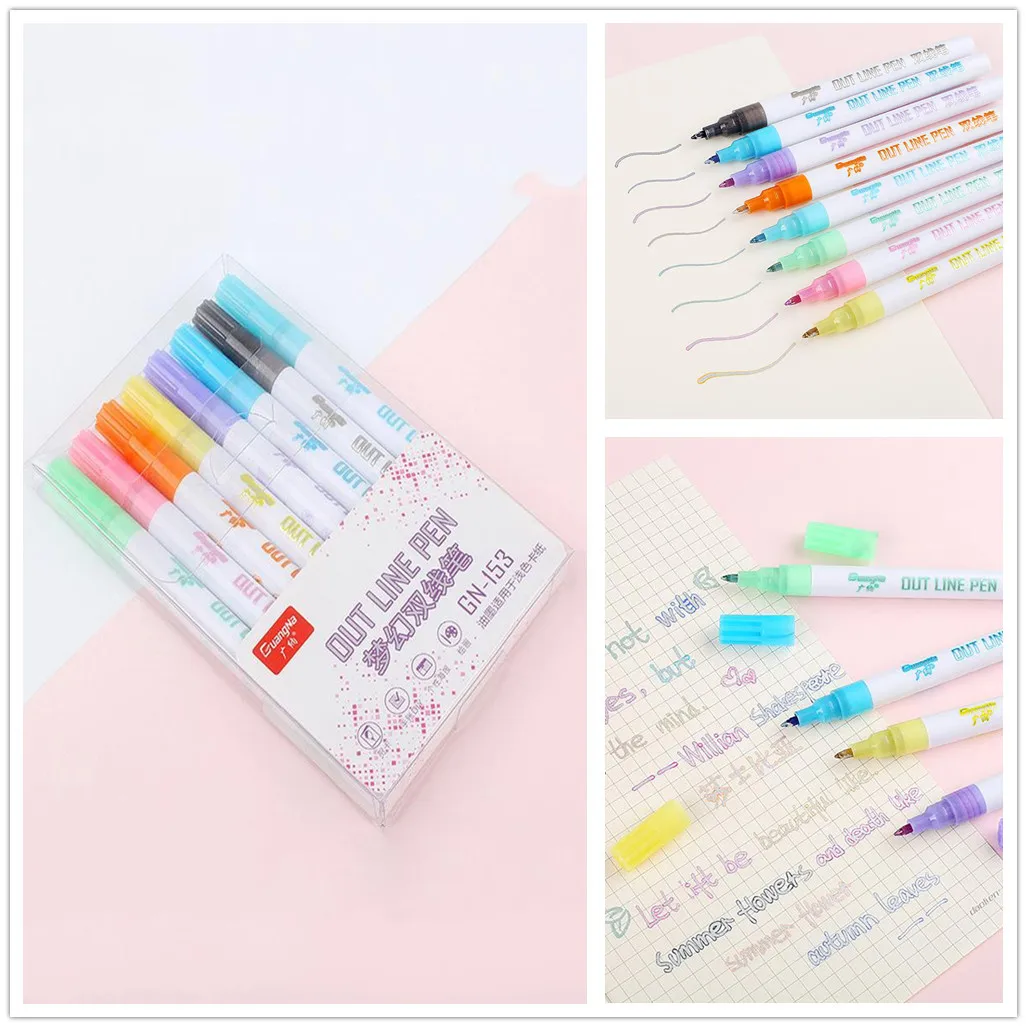 Блеск Цвет ручки флуоресцентных маркеров с металлической Цвет ручка двойная линия контурная ручка 8 шт./компл - Цвет: Multicolor
