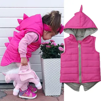 

2020 Winter Kids Baby Girl Boy Dinosaur Vest Down Hooded Zipper Jacket Waistcoat Coat Thick Warm Outwear 1-5 Years