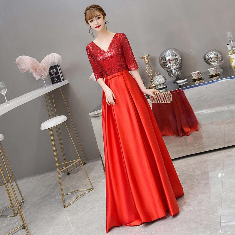 Red Robe de soiree/Новое поступление; кружевное платье с v-образным вырезом в бусинах и пайетках; длинные Светоотражающие вечерние платья; vestido de festa; платья для выпускного вечера - Цвет: Red