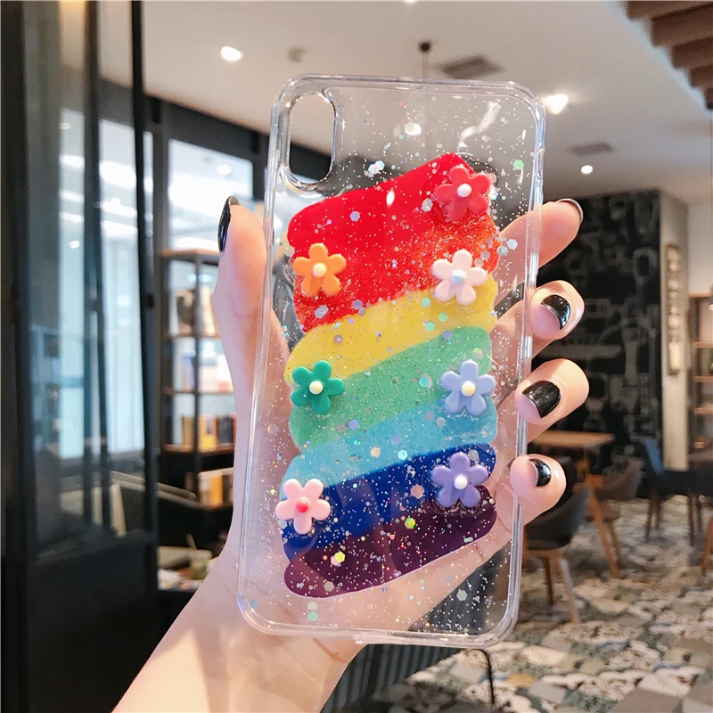 Роскошный 3D Цветочный Блестящий Радужный чехол для iPhone X XS Max XR 7 8 6 6S Plus Мягкий