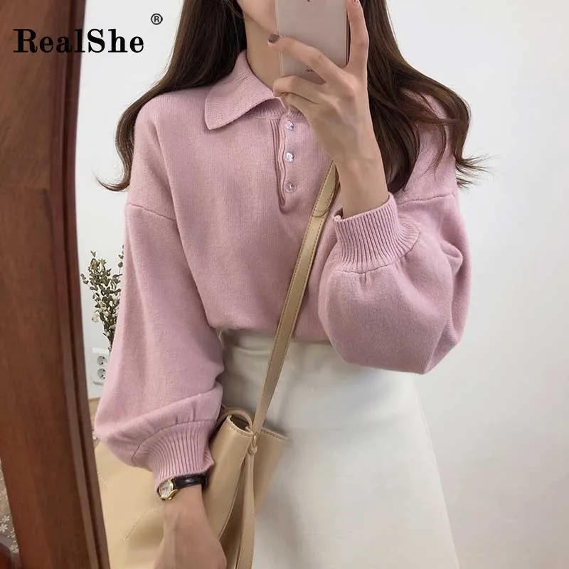 RealShe женский свитер с отложным воротником и длинным рукавом-фонариком