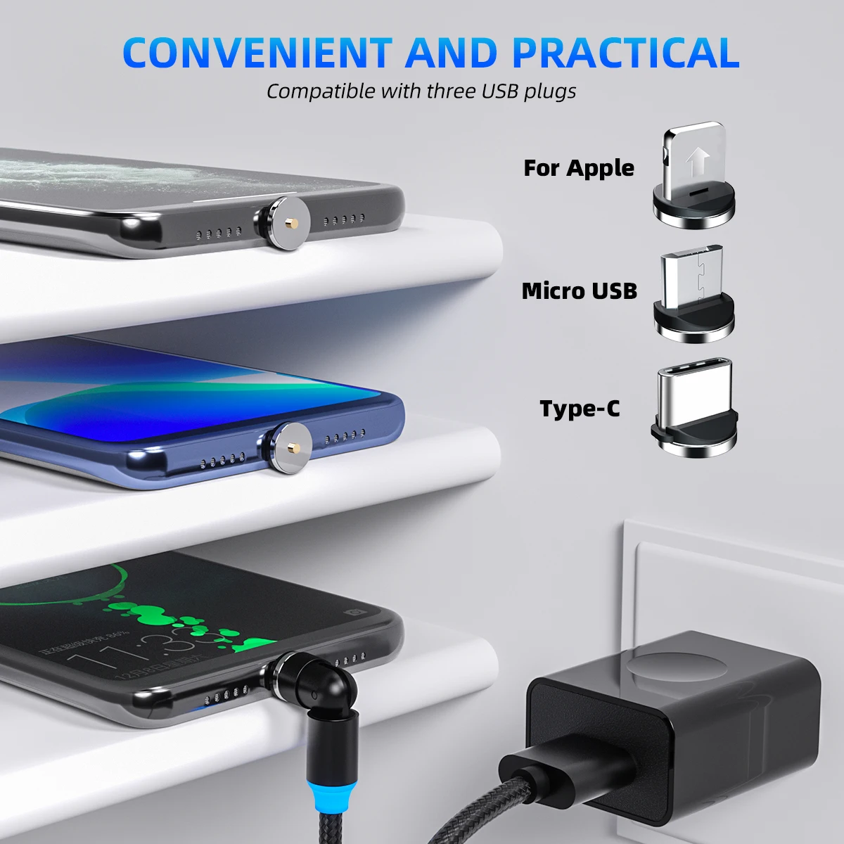 Магнитный кабель FONKEN Micro Type C USB Магнитная Зарядка вращающийся на 540 градусов