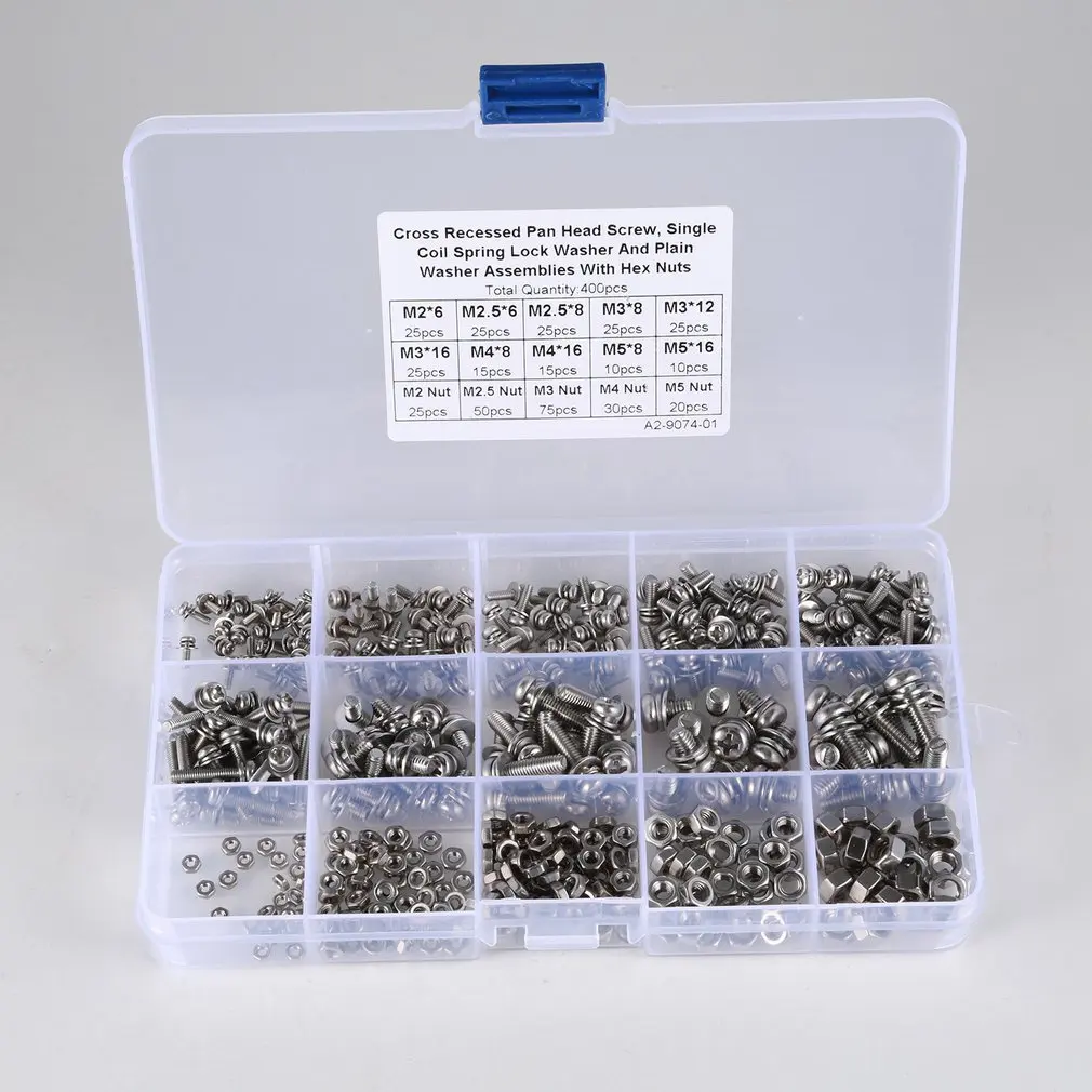 

400PCS Stainless Steel Cross Recessed Pan Head Screws Phillips Screws Assortment Kit Screws And Nuts Set M2/2.5/3/4/5