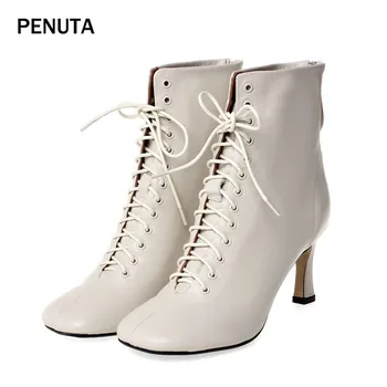 

2019 PENUTA Soft Genuine Leather Women Boots Lace Up Vintage Boots High Heel Botas Mujer Korean Style Russian Shoes PD963
