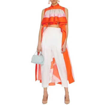 

Autumn Sleeveless Casual Striped Asymmetrical Blouse Streetwear Women Shirts Clothes Stand Ruffles Hit Color Elegant Blouse