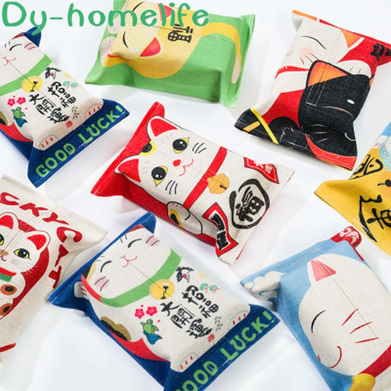 

30*20*20 Japanese-style Lucky Cat Cotton Linen Tissue Box Household Restaurant Hotel Car Supplies Pumping Paper Set Washable