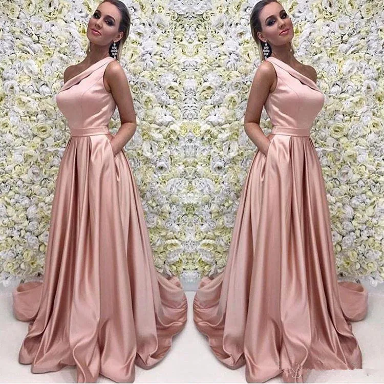 

Rose Gold Long Prom Dress 2019 Elegant One Shoulder Sleeveless A Line Floor Length Satin Evening Dresses Bridesmaid Formal Gown