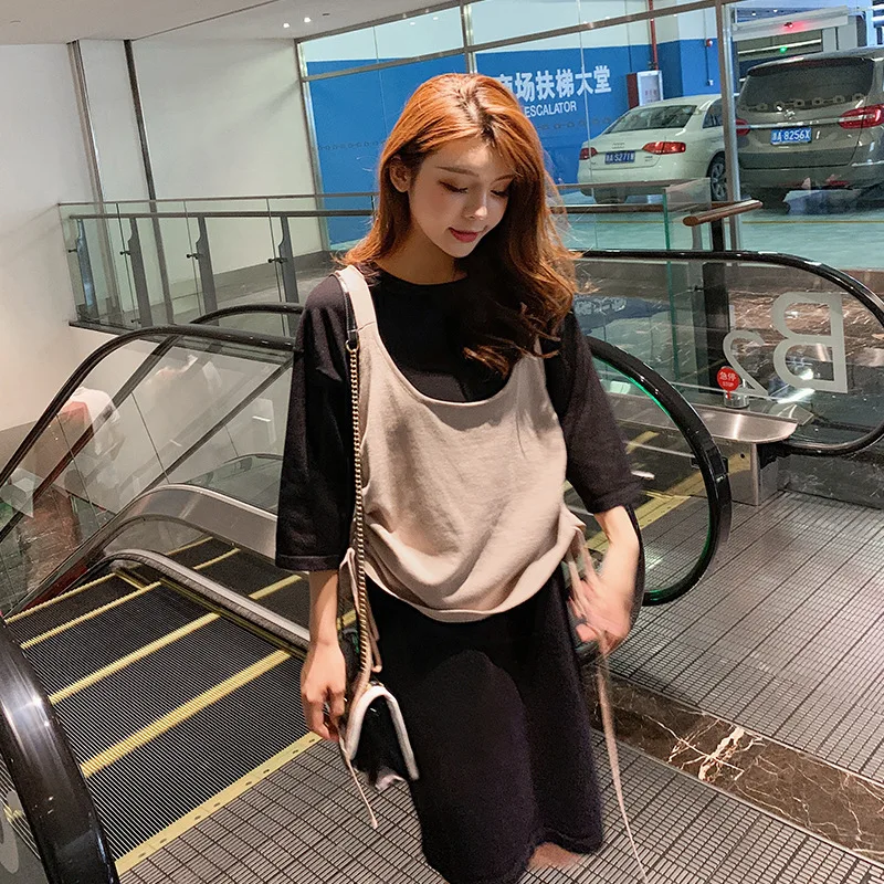

WOMEN'S Suit 2019 New Style Autumn Stripes Mid-length Knitted Dress + Drawstring Top Shirt with Narrow Straps Two-Piece Women's