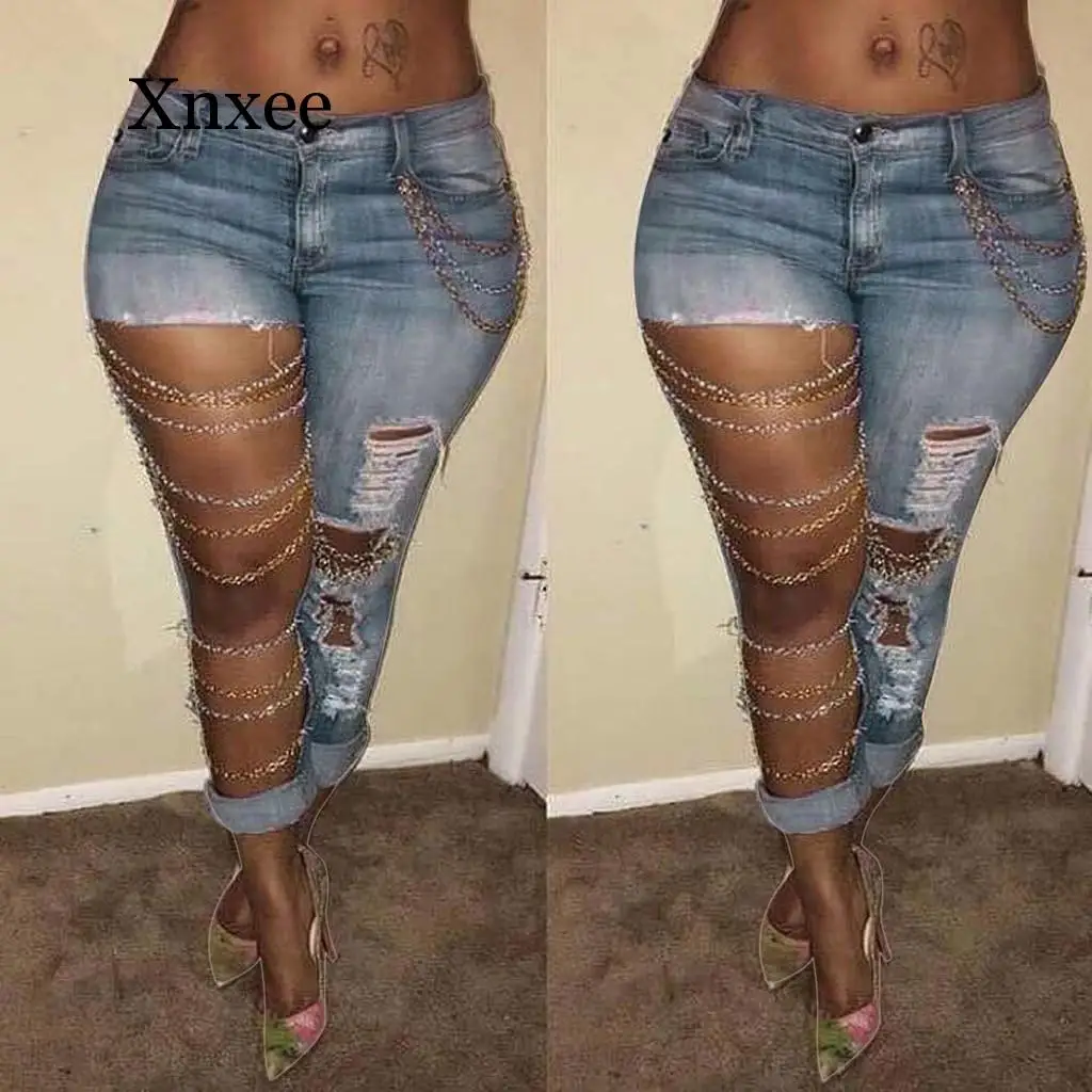 

Женские узкие рваные джинсы с цепочкой, брюки-карандаш с большими отверстиями, длинные узкие джинсы в готическом стиле