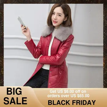 

2020 Red Long Women Genuine Leather Down Jackets Luxury Fox Collar Slim Fit Plus Size 4XL Real Natural Sheepskin Coat