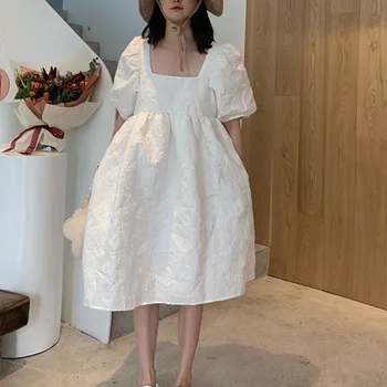 

LANMREM 2020 new spring and summer sqaure collar puff sleeves pullover pleated Japan styles wide bottoms dress WL14000M