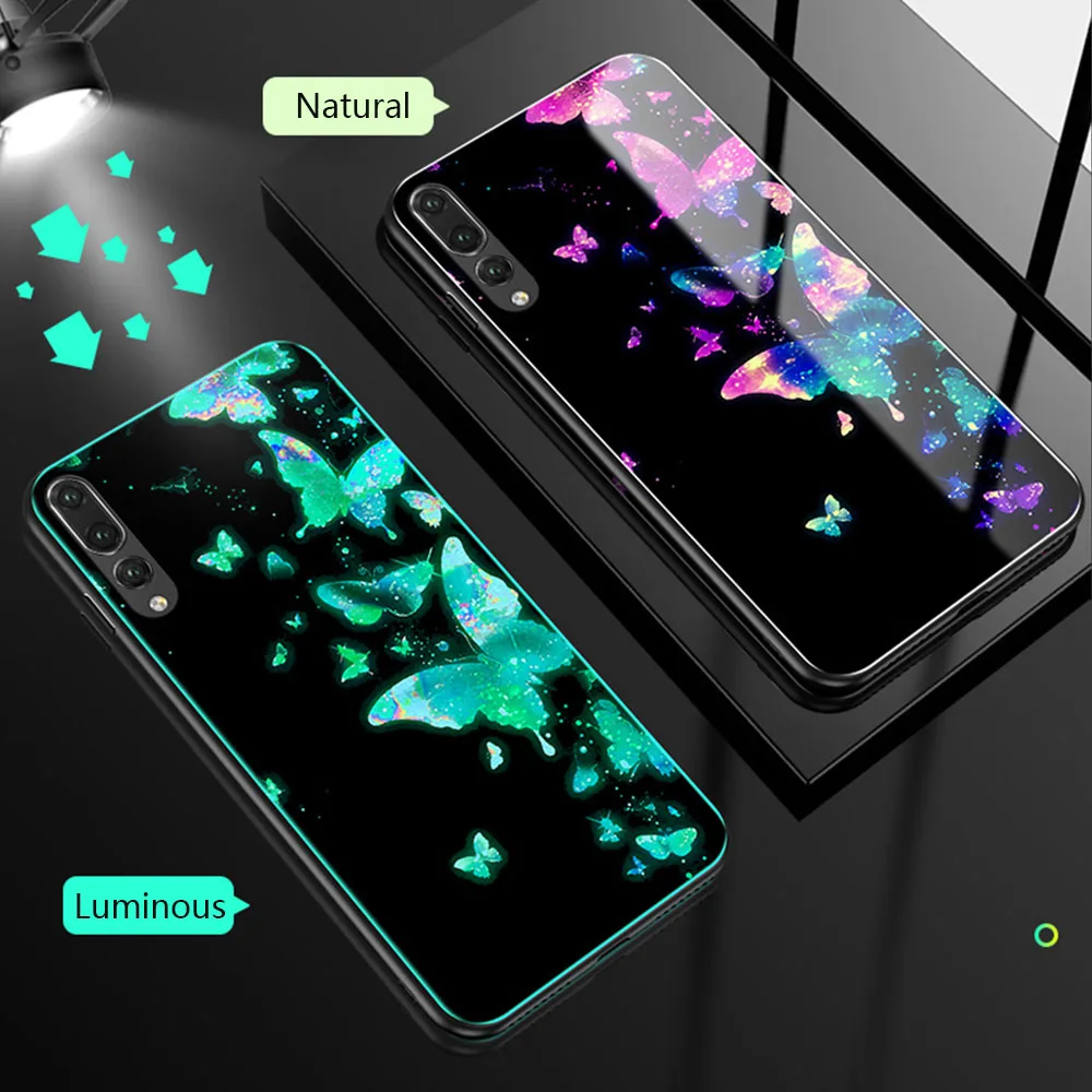 Butterfly Светящийся чехол для телефона huawei Honor Play 20 Pro 10 9 8 Lite 8X Max для mate 20 P30 P20 Lite Pro для Nova 3 чехол из закаленного стекла - Цвет: Butterfly