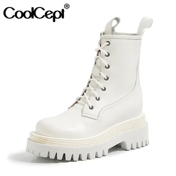 

CoolCept Real Leather Woman Ankle Boots Fashion Platform Winter Shoes Woman Warm Thick Heel Short Boot Lady Footwear Size 34-40