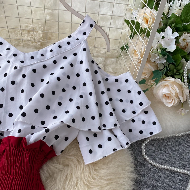 Boho Ruffles sexy Off shoulder polka dot print patchwork Summer short Dress Women slim waist dress casual a-line beach dress