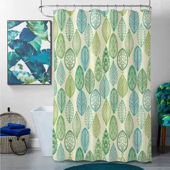 

Shower Curtains Under 10 Nature,Hand Drawn Vintage Style Ornamental Leaves Forest Pattern in Green and Blue Tones,Multicolor,W69
