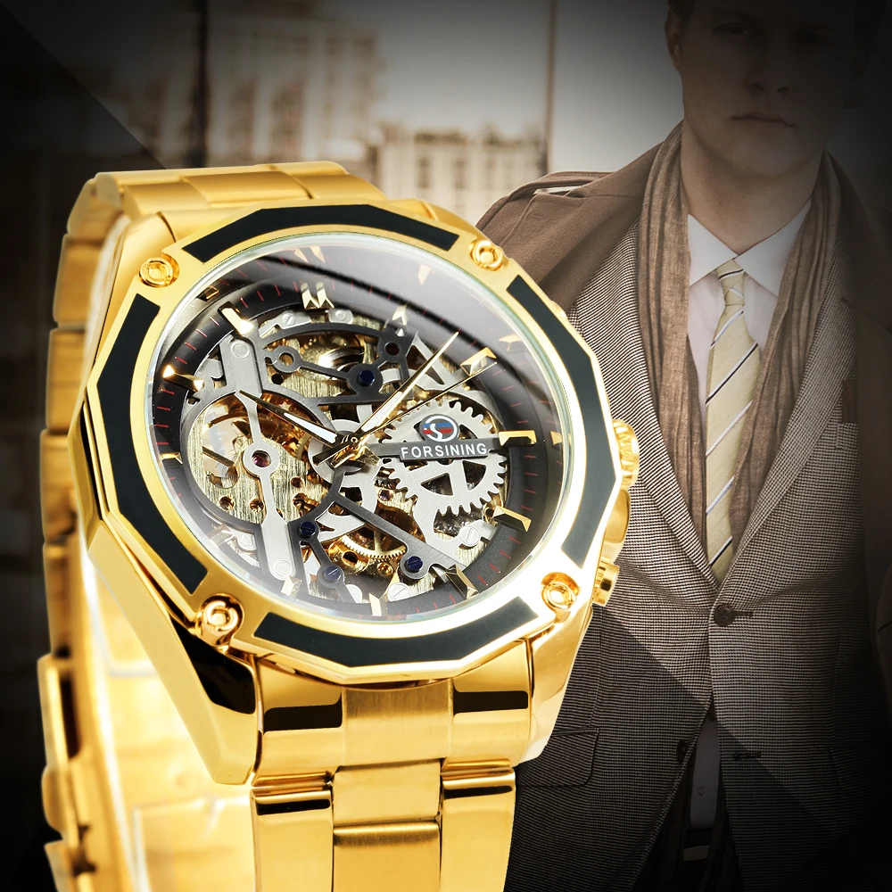 FORSINING Gold Watch Men Luxury Mechanical Watches Mens Skeleton Wristwatch Products часы мужские