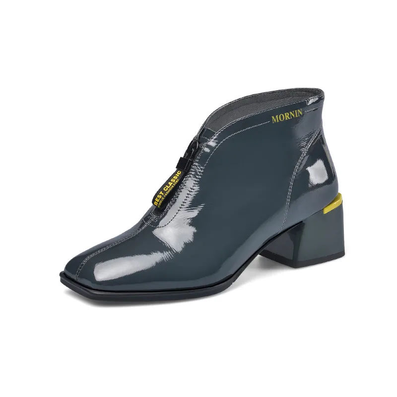 

2019 Luxury Genuine Patent Leather Boots Women Square Toe Med Square Heels Office Date Short Booties Ladies Blue Boots