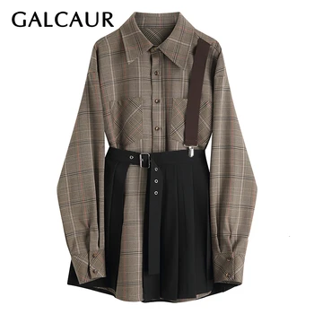 

GALCAUR Strap Two Piece Set Lapel Collar Long Sleeve Plaid Shirt High Waist Pleated Mini Skirt Female Suits 2020 Fashion Clothes